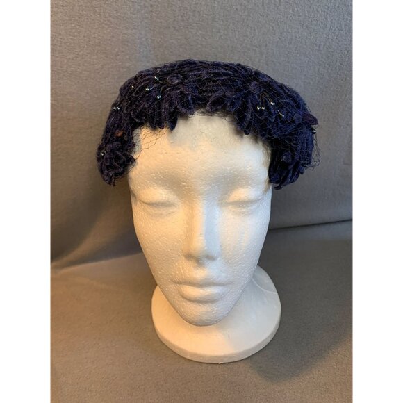 Ladies Navy Flowers with Velvet Bow Hat Vintage - Picture 9 of 9